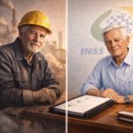 Comparação antes e depois de trabalhador com capacete em indústria e aposentado com documentos aprovados do INSS representando aposentadoria especial em Canoinhas