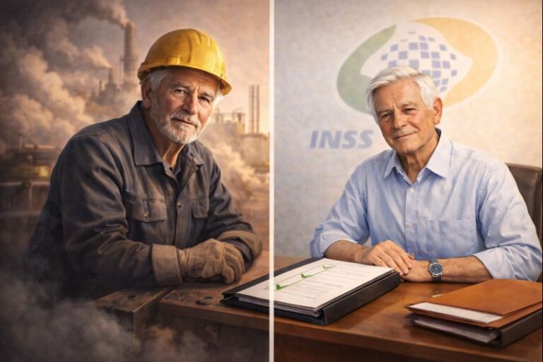 Comparação antes e depois de trabalhador com capacete em indústria e aposentado com documentos aprovados do INSS representando aposentadoria especial em Canoinhas