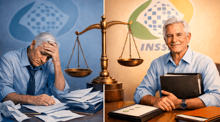 Comparação antes e depois mostrando como aumentar suas chances de aprovação INSS em Canoinhas com homem preocupado com papéis e depois confiante com documentos organizados e balança da justiça