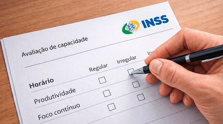 Mão preenchendo formulário de avaliação de capacidade do INSS com campos de horário produtividade e foco contínuo representando TDAH aposentadoria INSS