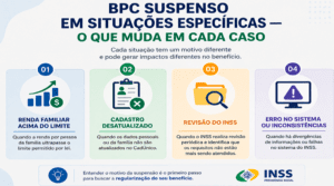 Infográfico mostrando transição de BPC suspenso com ícone de pausa vermelho para BPC ativo com ícone de play verde e idosa sorrindo com passos para reativar o benefício representando BPC suspenso por superação de renda o que fazer para reativar o benefício em 2026